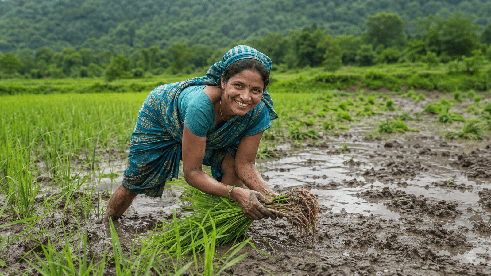 Organic rice harvest in farmer's hands